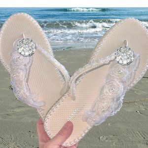 Bridal Shoes, Beach Wedding Flip Flops, Rhinestones/Crystals, Bride SZ 10 Sandal